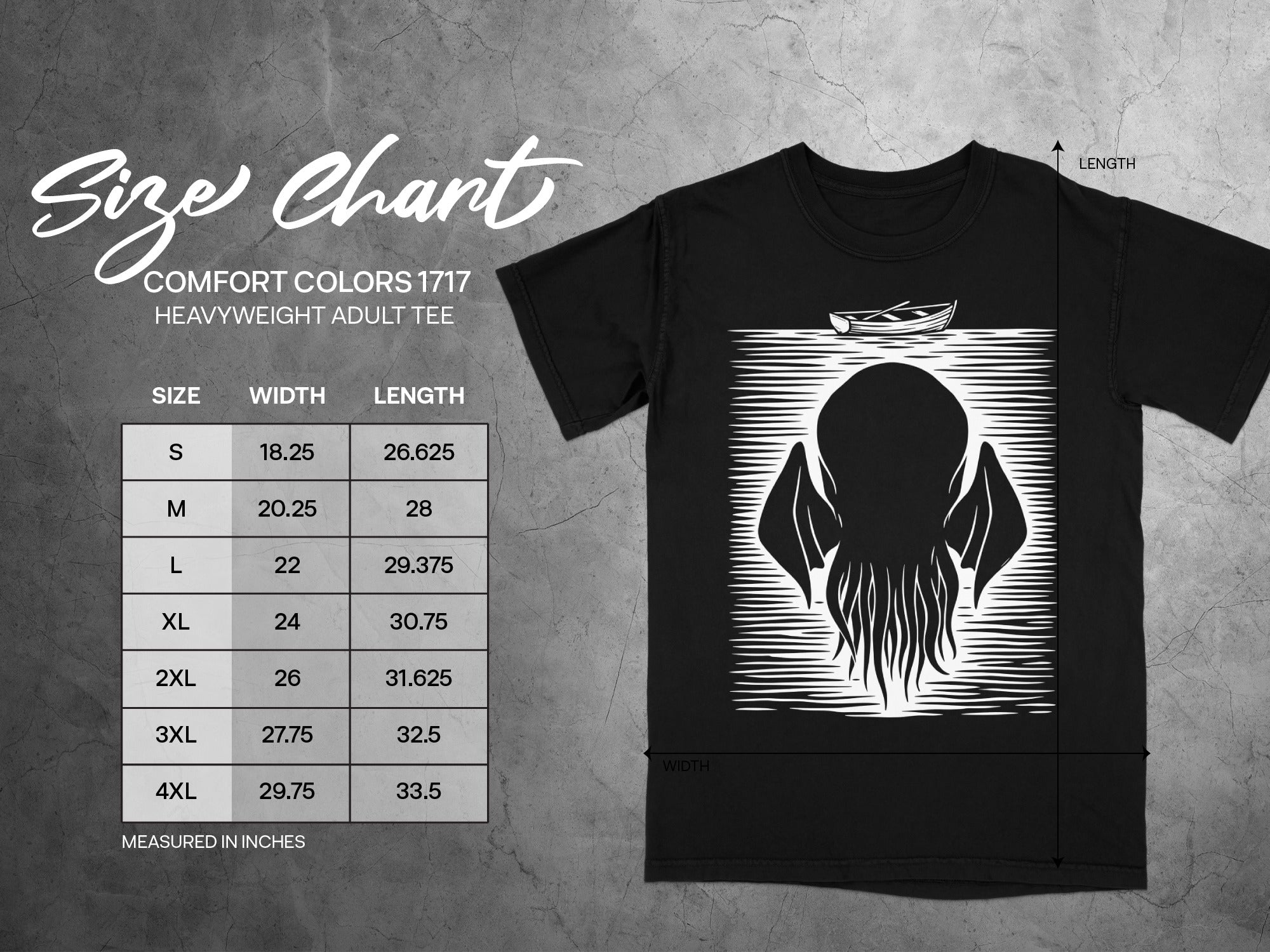 Comfort Colors 1717 heavyweight adult tee size chart with width and length measurements in inches.