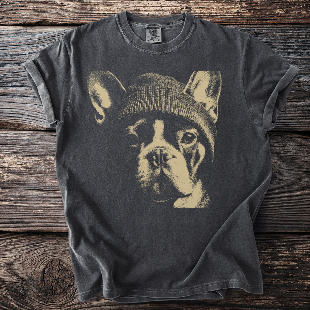 Dark t-shirt with graphic of a French bulldog wearing a beanie.