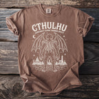 Brown t-shirt with white Cthulhu graphic and text: Lovecraft Cosmic Horror Entity.