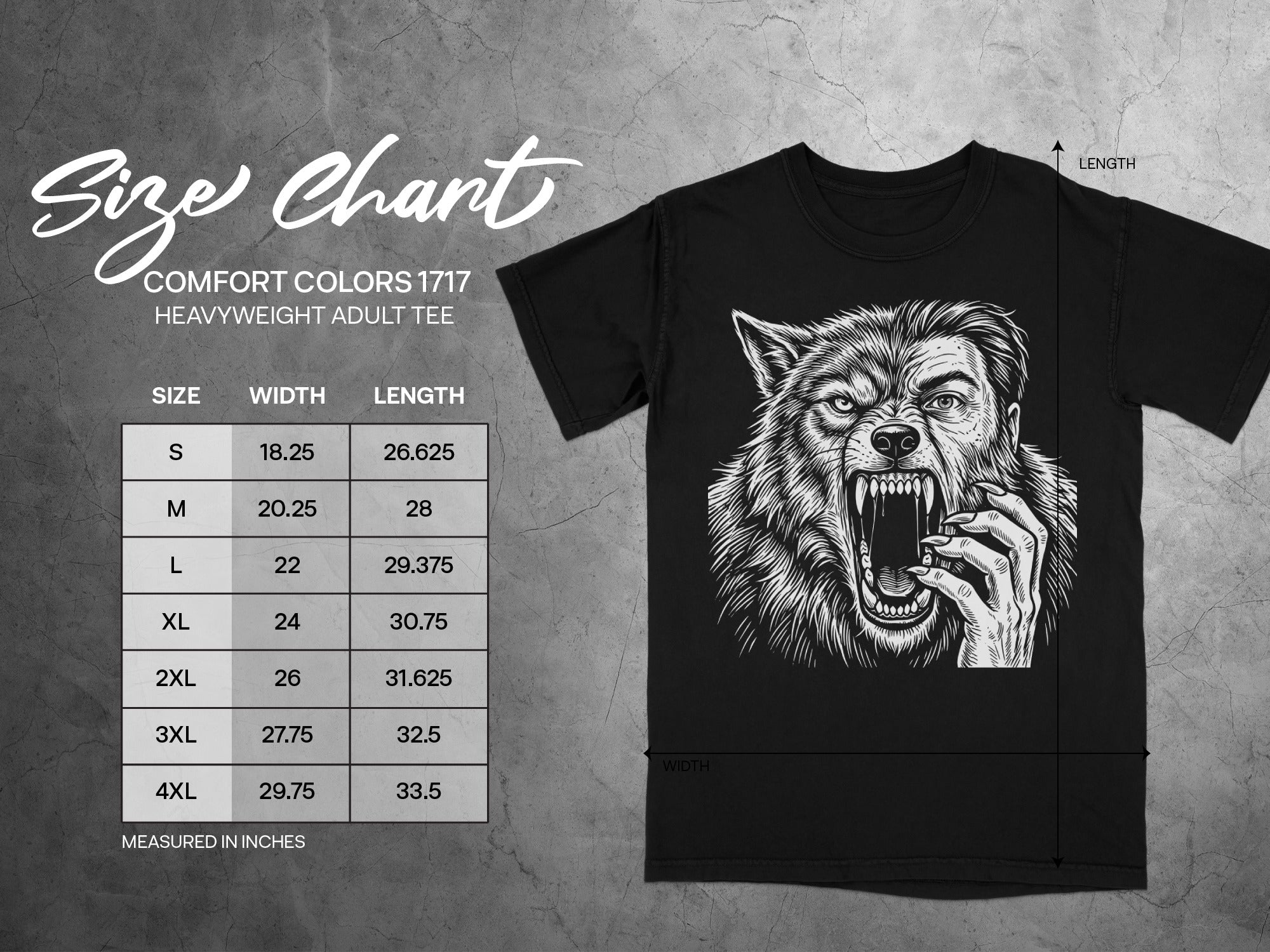 Comfort Colors 1717 heavyweight adult tee size chart with wolf graphic.
