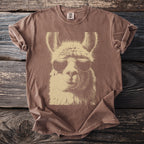 Brown t-shirt with a tan llama wearing aviator sunglasses graphic.