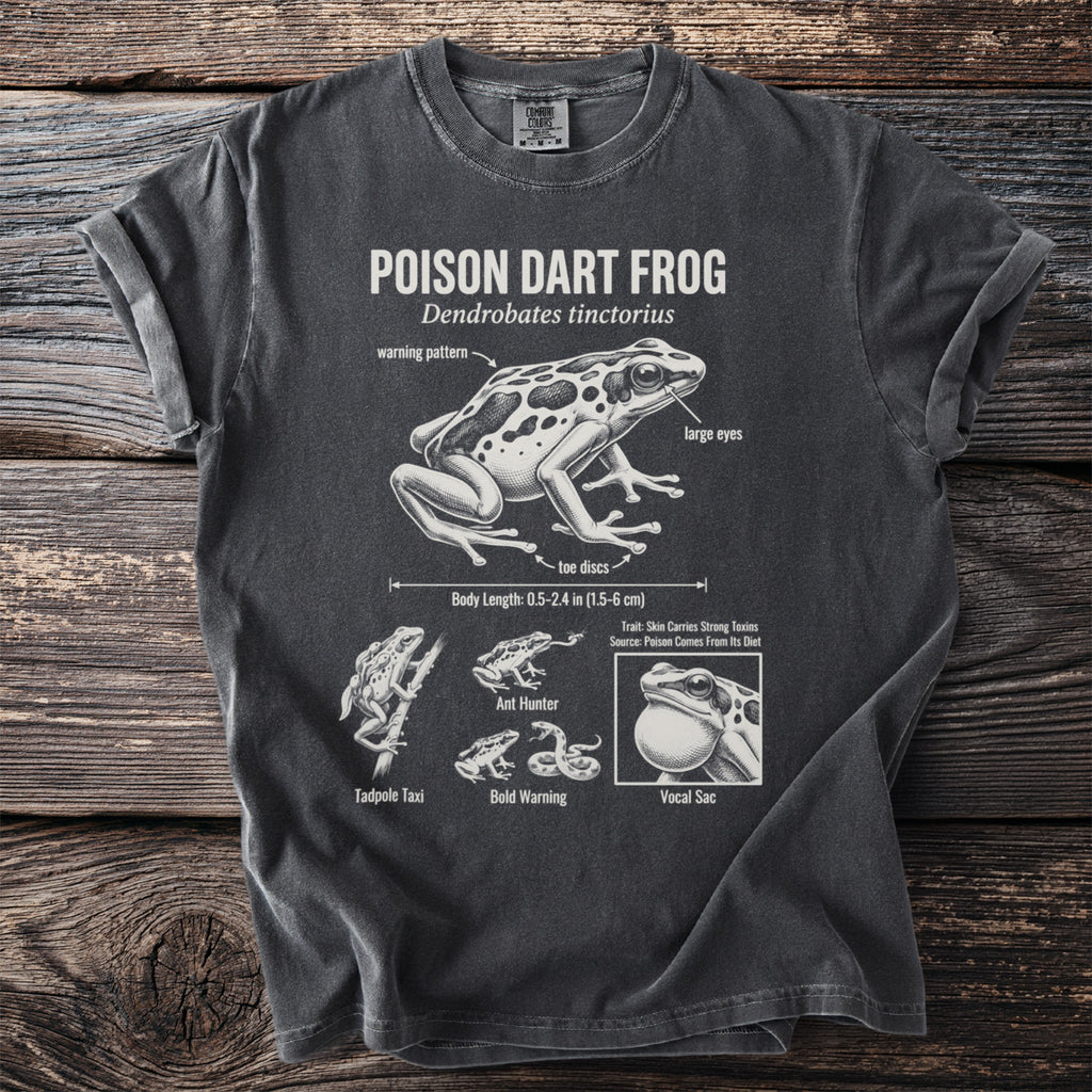 T-shirt with "Poison Dart Frog" text and scientific illustrations of the frog.
