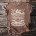 Brown t-shirt with graphic of raven-like birds, tree, moon, and viking ship.