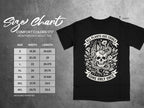 Black Comfort Colors t-shirt size chart with skull and botanical graphic.