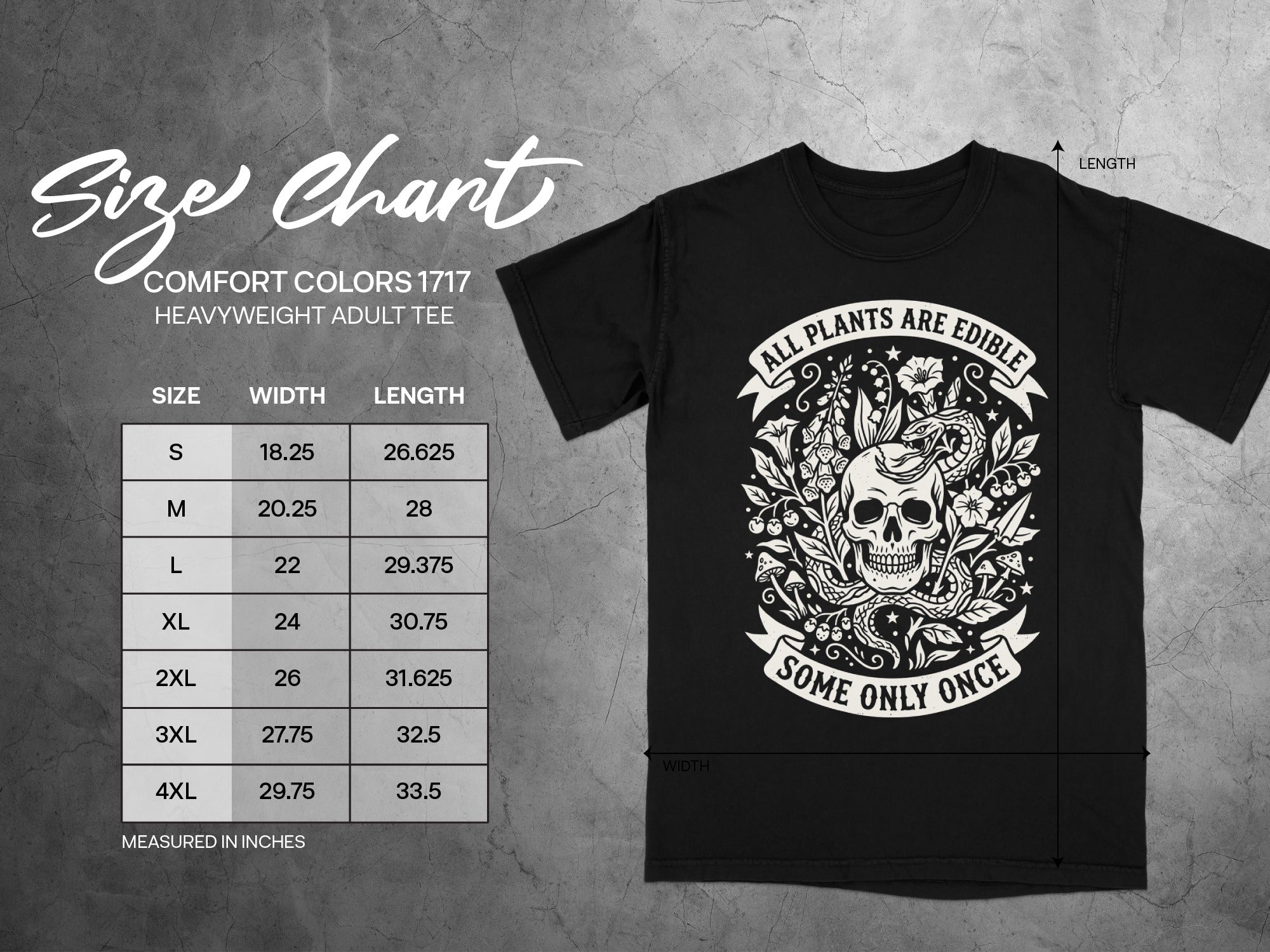 Black Comfort Colors t-shirt size chart with skull and botanical graphic.