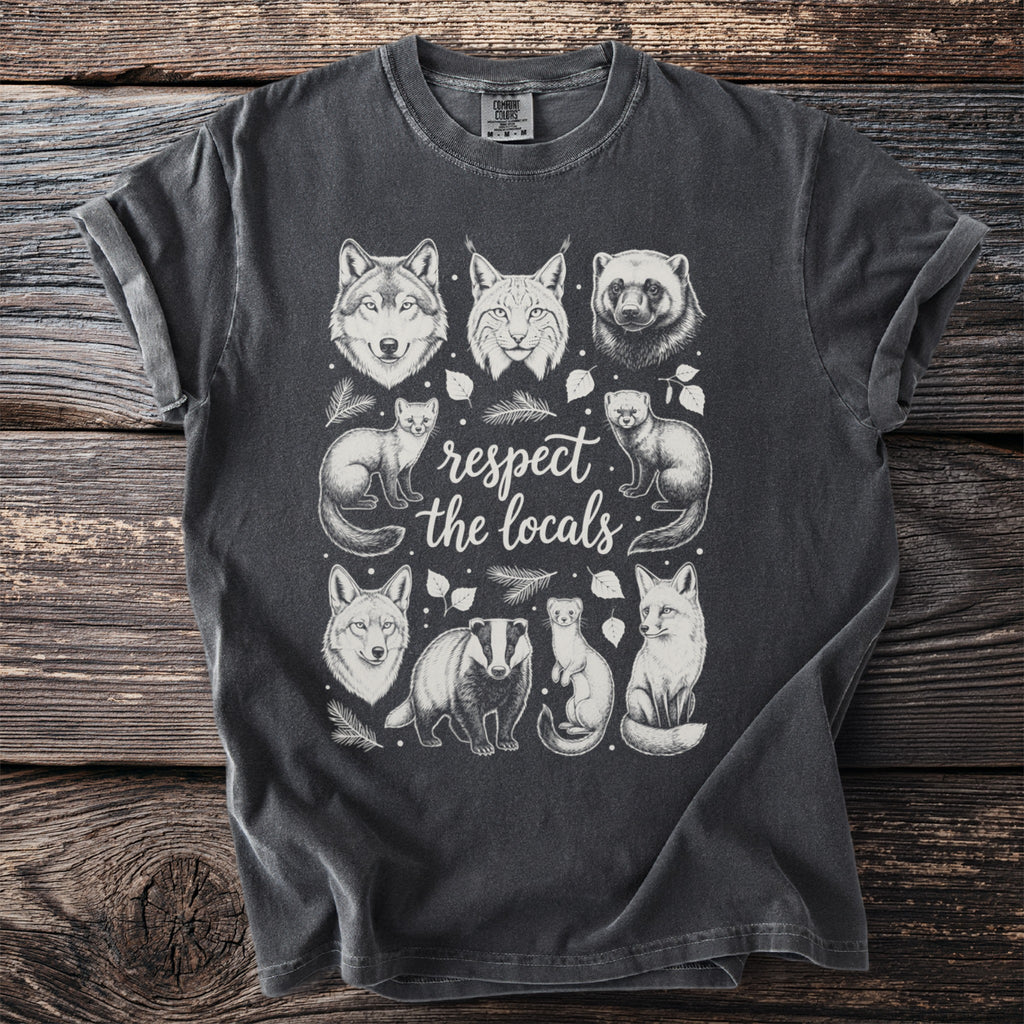 Charcoal t-shirt with a vintage style illustration and the text "respect the locals."