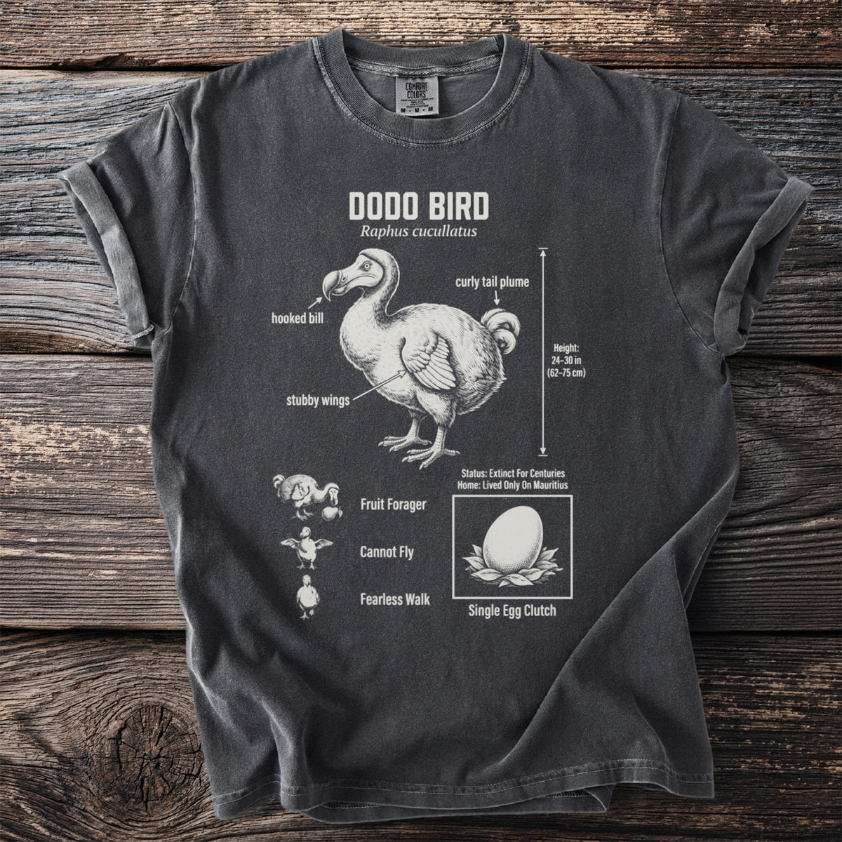 T-shirt featuring a diagram of a Dodo bird with labels and facts.