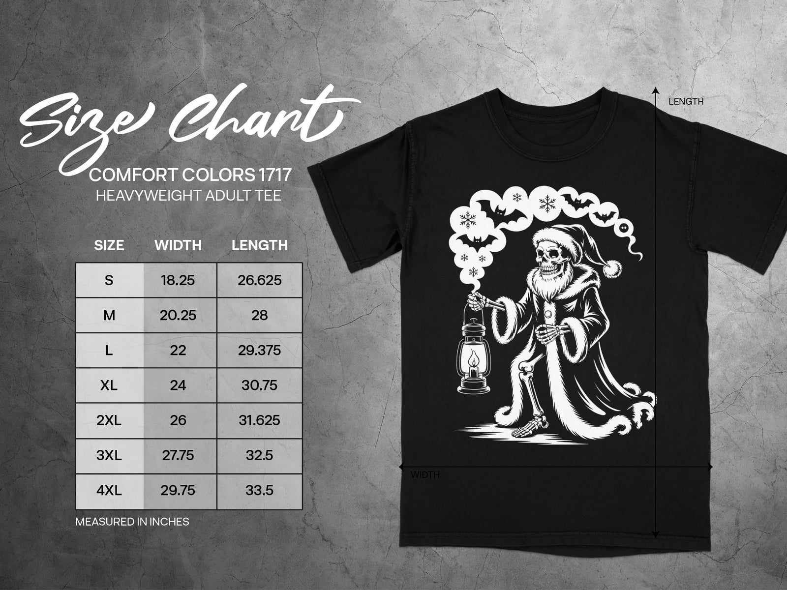 Comfort Colors 1717 heavyweight adult tee size chart with skeleton graphic.
