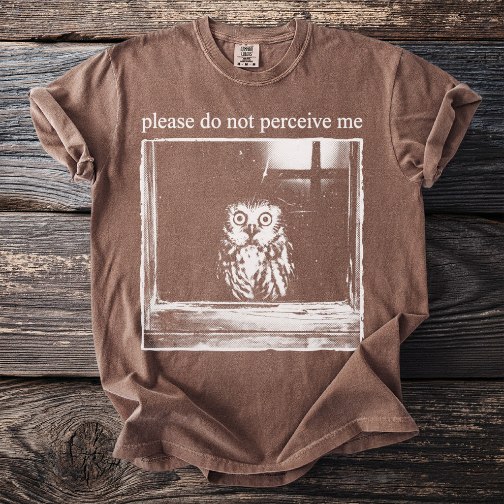 Brown t-shirt with a distressed graphic of an owl and text "please do not perceive me".