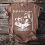 Brown t-shirt with "just a little guy" text and werewolf in a box graphic.