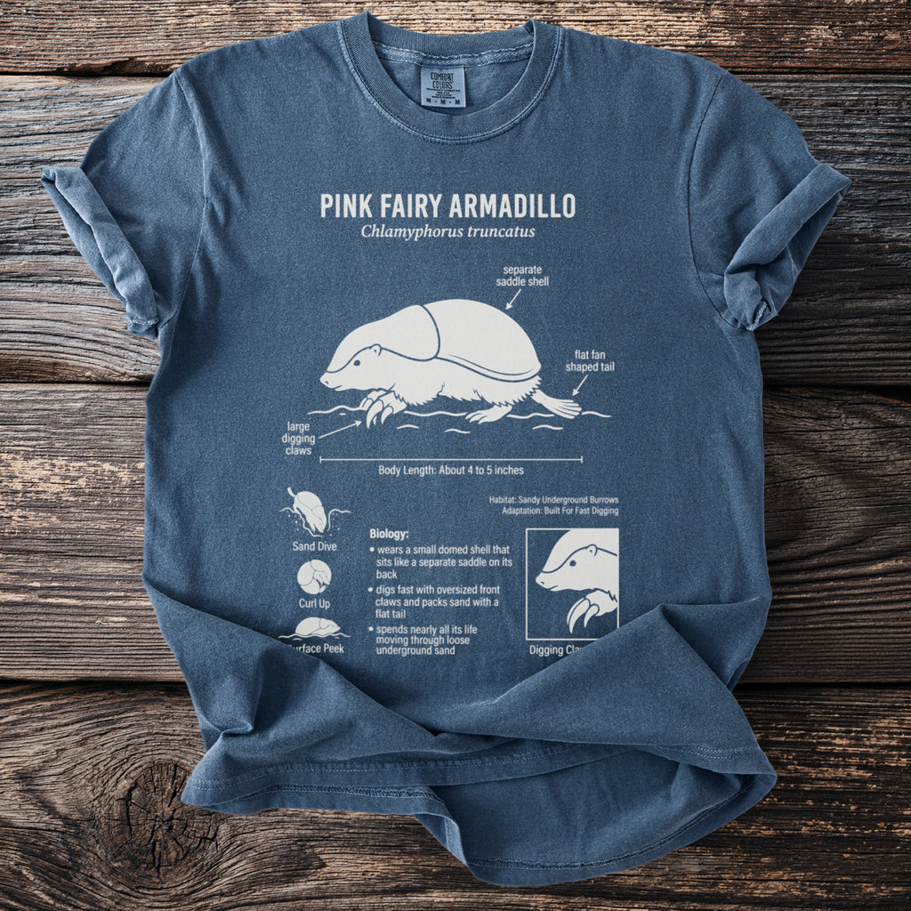 T-shirt featuring an illustration of a pink fairy armadillo with anatomical labels and biological information.