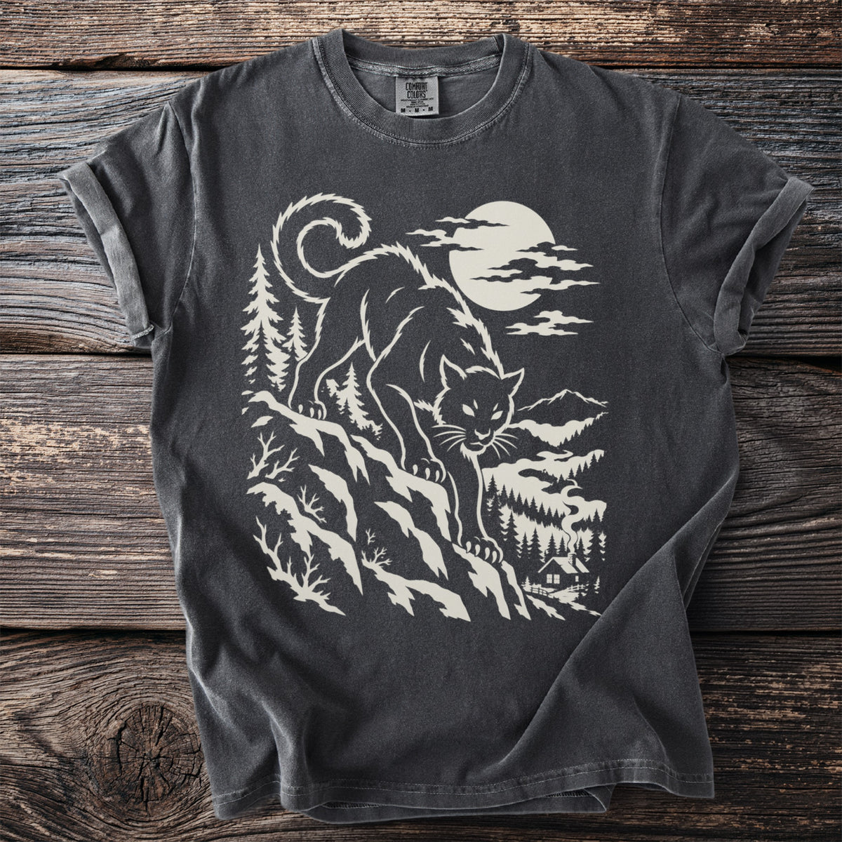 Black panther on a mountain with moon, trees, and a cabin.