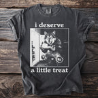 Wolf in front of an open refrigerator holding a cake, text reads "i deserve a little treat".