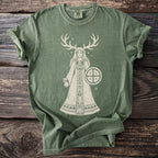 Green t-shirt with a cream graphic of a woman with antlers holding a shield.