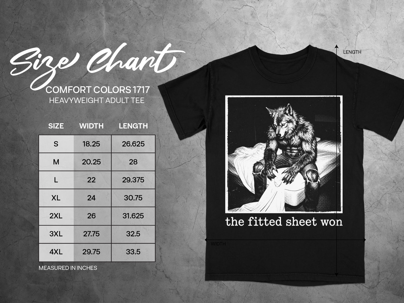 Comfort Colors 1717 adult tee size chart with a graphic of a werewolf titled "the fitted sheet won".