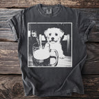 T-shirt with black and white graphic of a puppy looking at beer being poured into a mug.