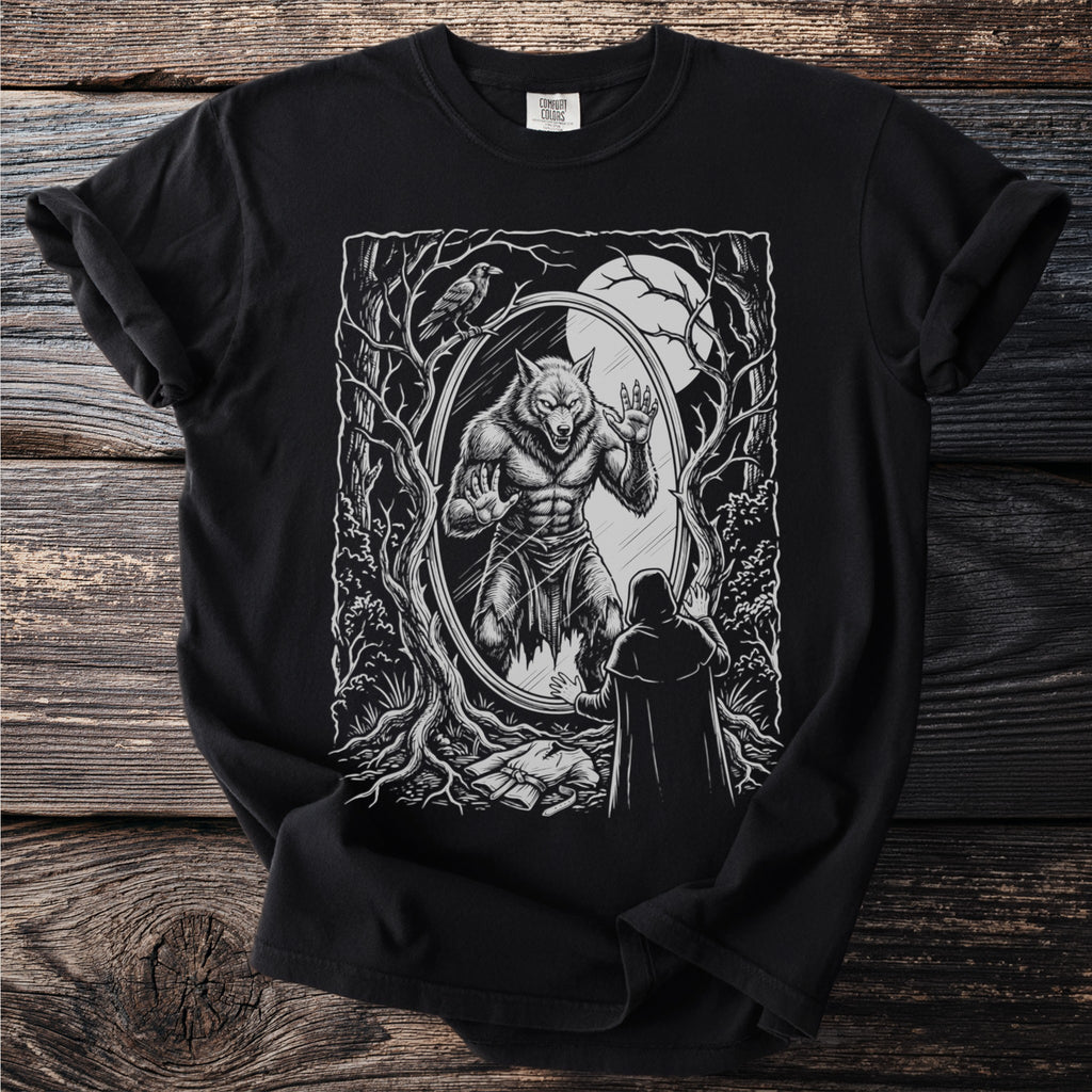 Werewolf in mirror reflecting to robed figure in forest with full moon.