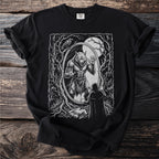 Werewolf in mirror reflecting to robed figure in forest with full moon.
