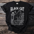 Black cat design with "BLACK CAT" text and moon on a black t-shirt.