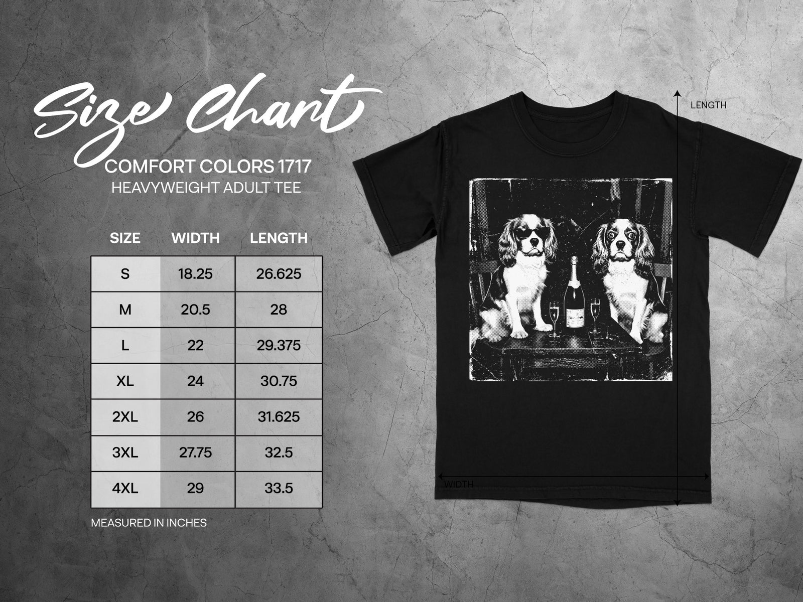 Comfort Colors 1717 garment size chart in inches.
