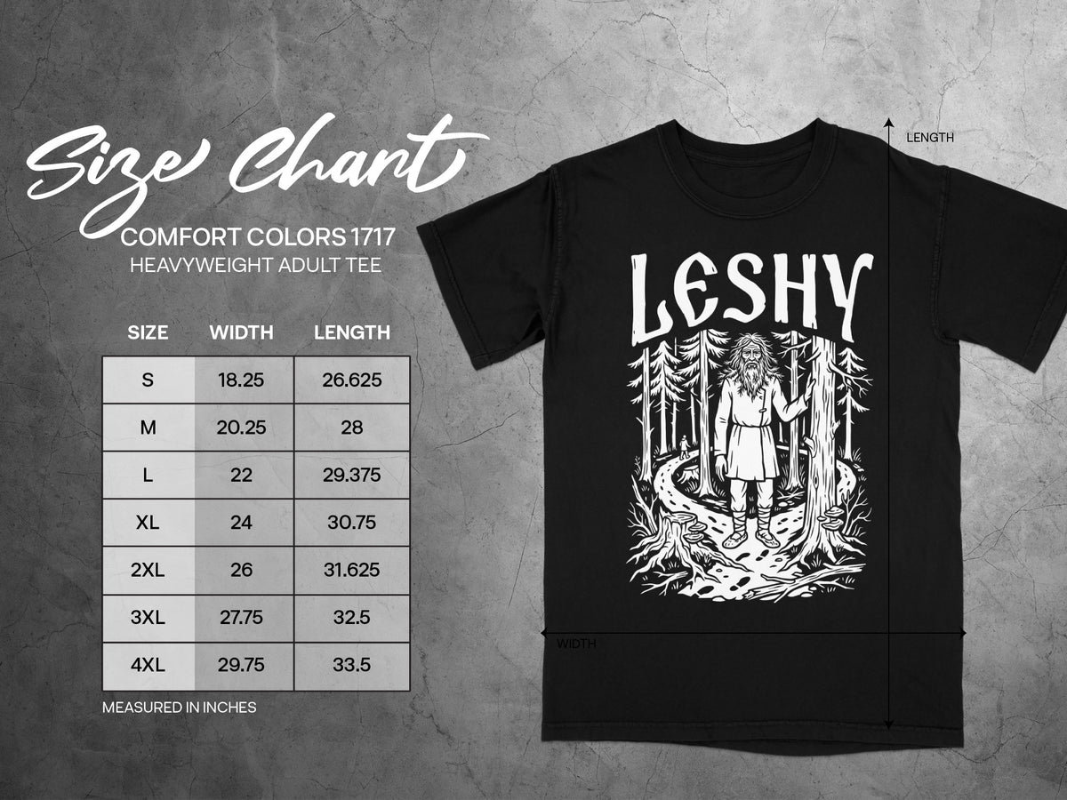 Comfort Colors 1717 heavyweight adult tee size chart with width and length measurements.