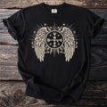 Black t-shirt with cream circular winged design and ancient symbol.