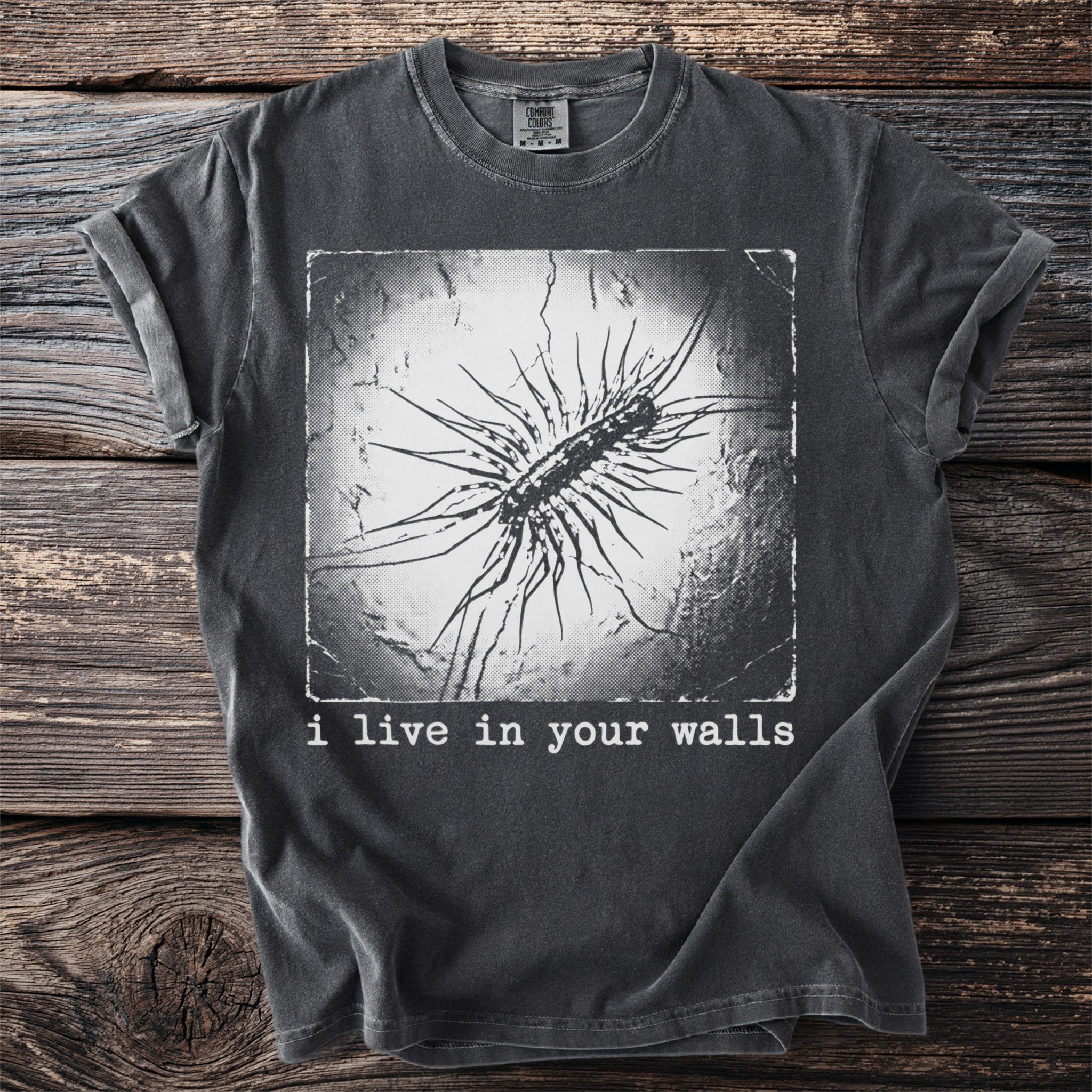 Dark grey t-shirt with a black and white graphic of a centipede and the text "i live in your walls."