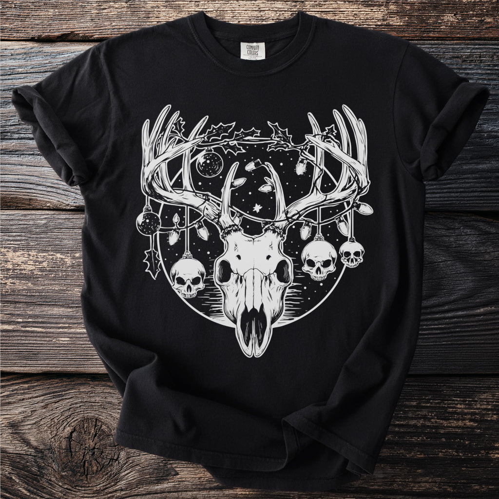 Black t-shirt with deer skull, skulls, and Christmas lights graphic.