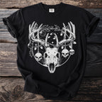 Black t-shirt with deer skull, skulls, and Christmas lights graphic.