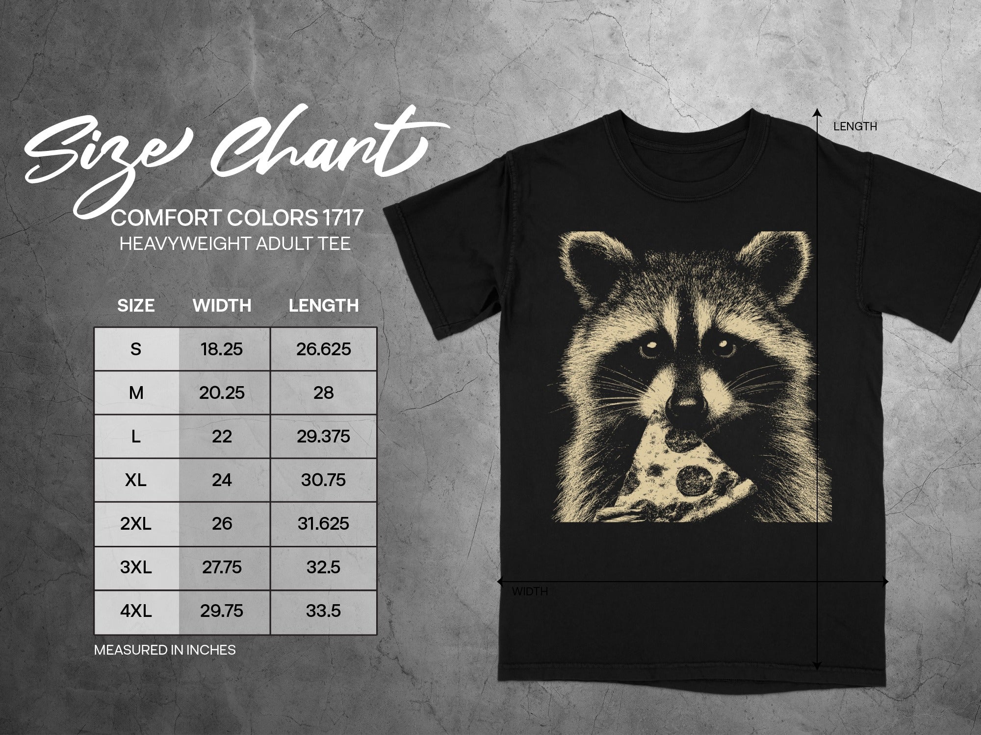 Comfort Colors 1717 heavyweight adult tee size chart with raccoon graphic.