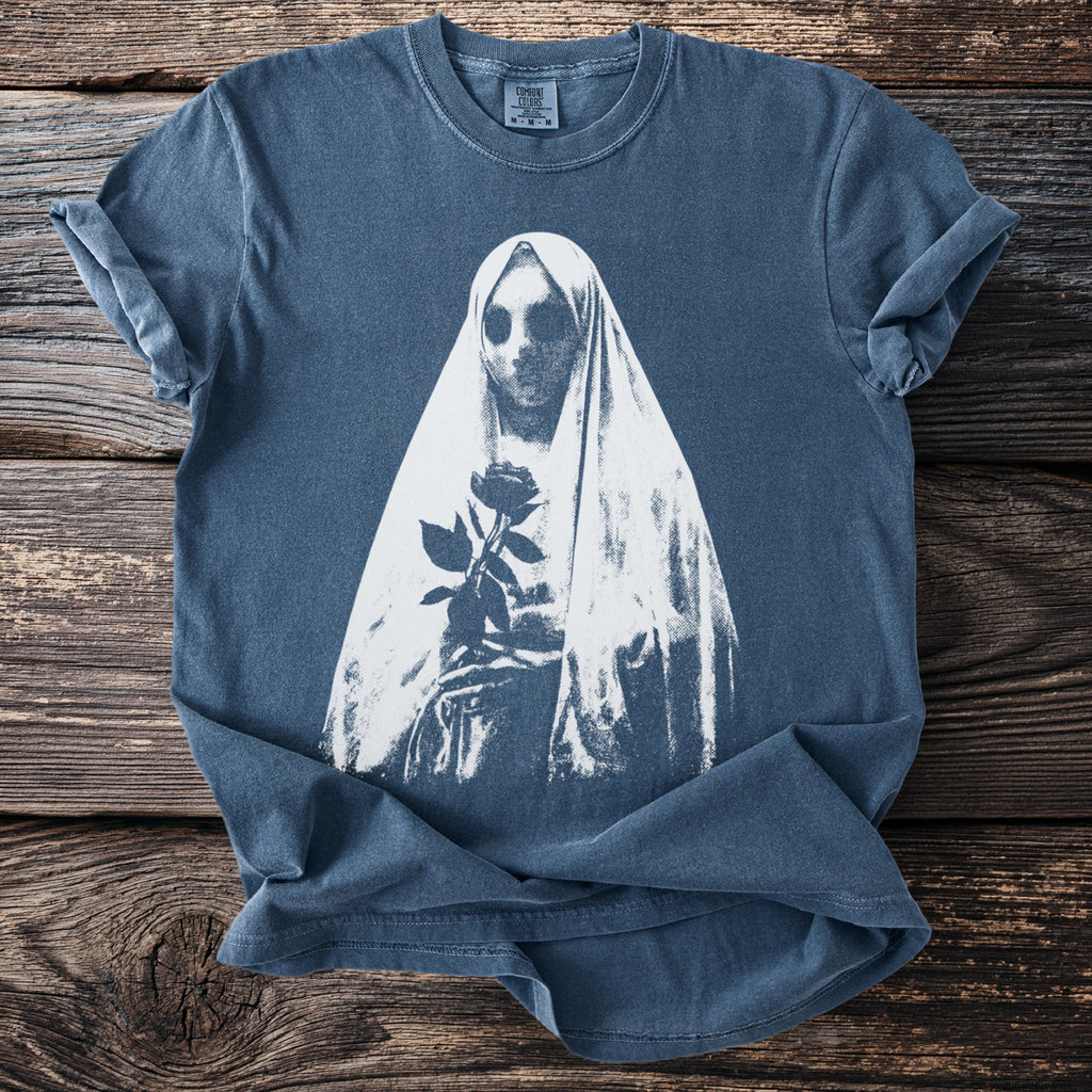 Navy t-shirt with white distressed print of a veiled figure holding a rose.