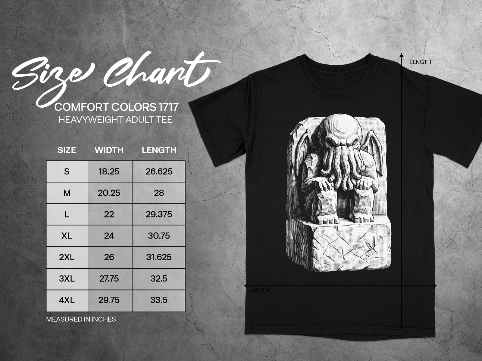 Comfort Colors 1717 heavyweight adult tee size chart with width and length measurements.