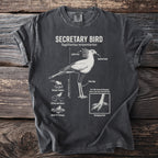 T-shirt features diagram and facts about a Secretary Bird, including its features and behavior.