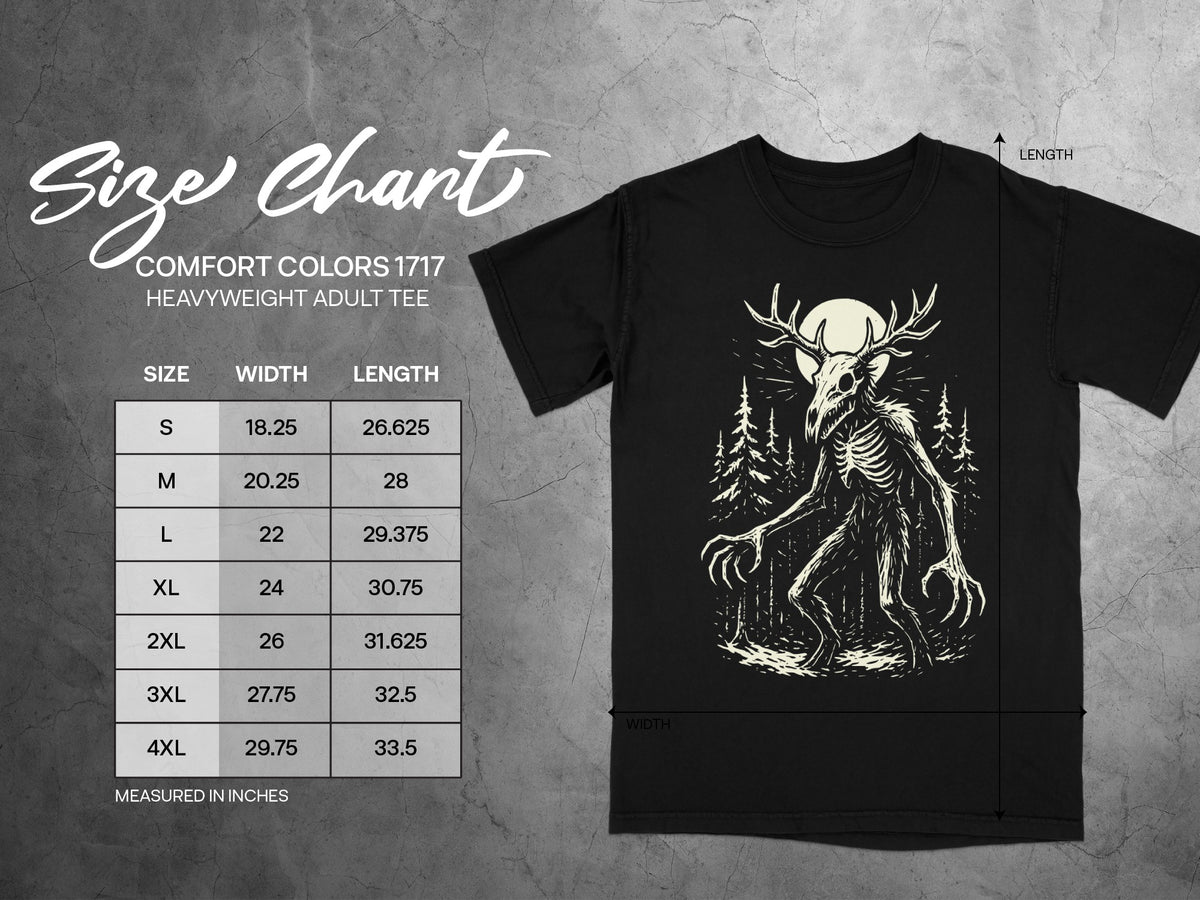 Comfort Colors 1717 heavyweight adult tee size chart with width and length measurements in inches.