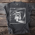 Raccoon wearing sunglasses driving a car and holding a drink.