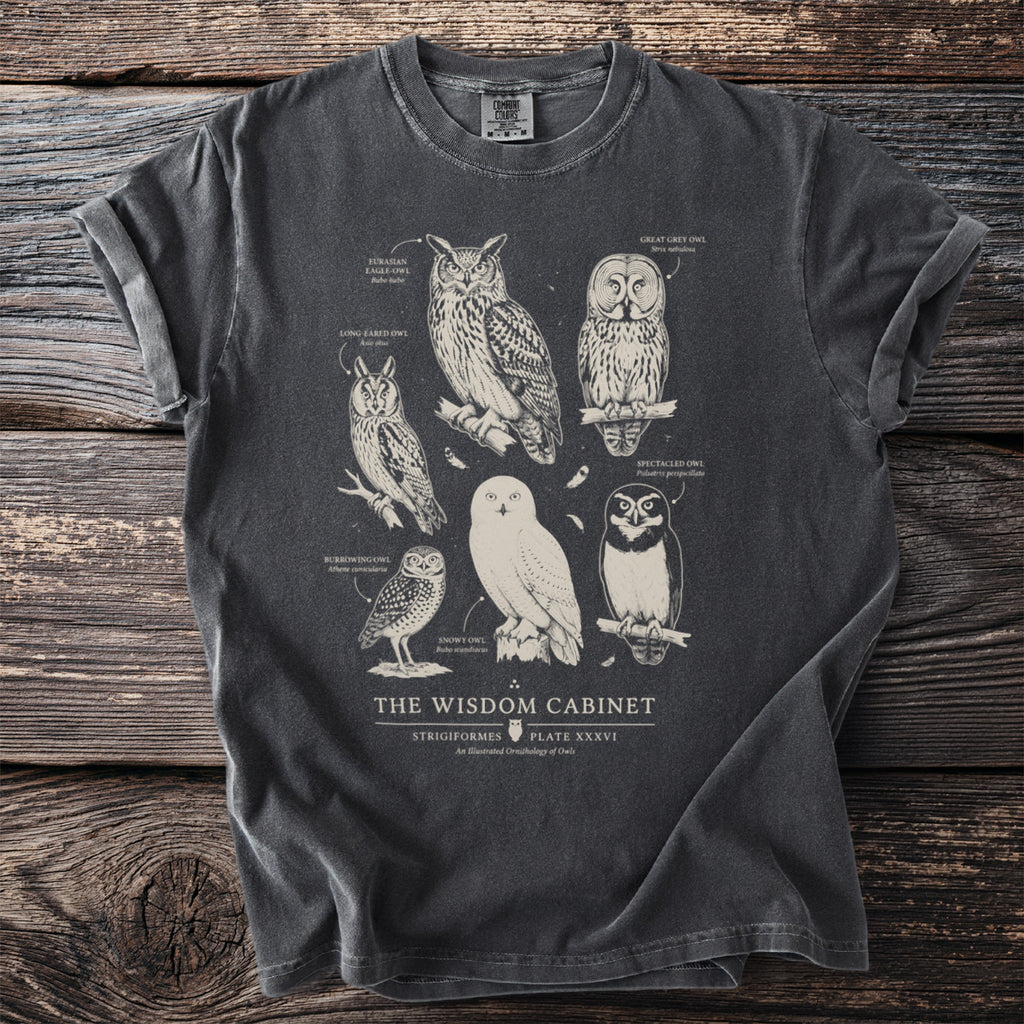 Grey t-shirt with detailed illustrations and labels of six different owl species.