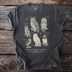 Grey t-shirt with detailed illustrations and labels of six different owl species.