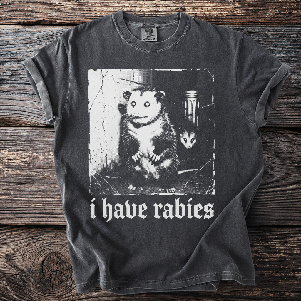 Dark gray t-shirt with opossums and "i have rabies" text.