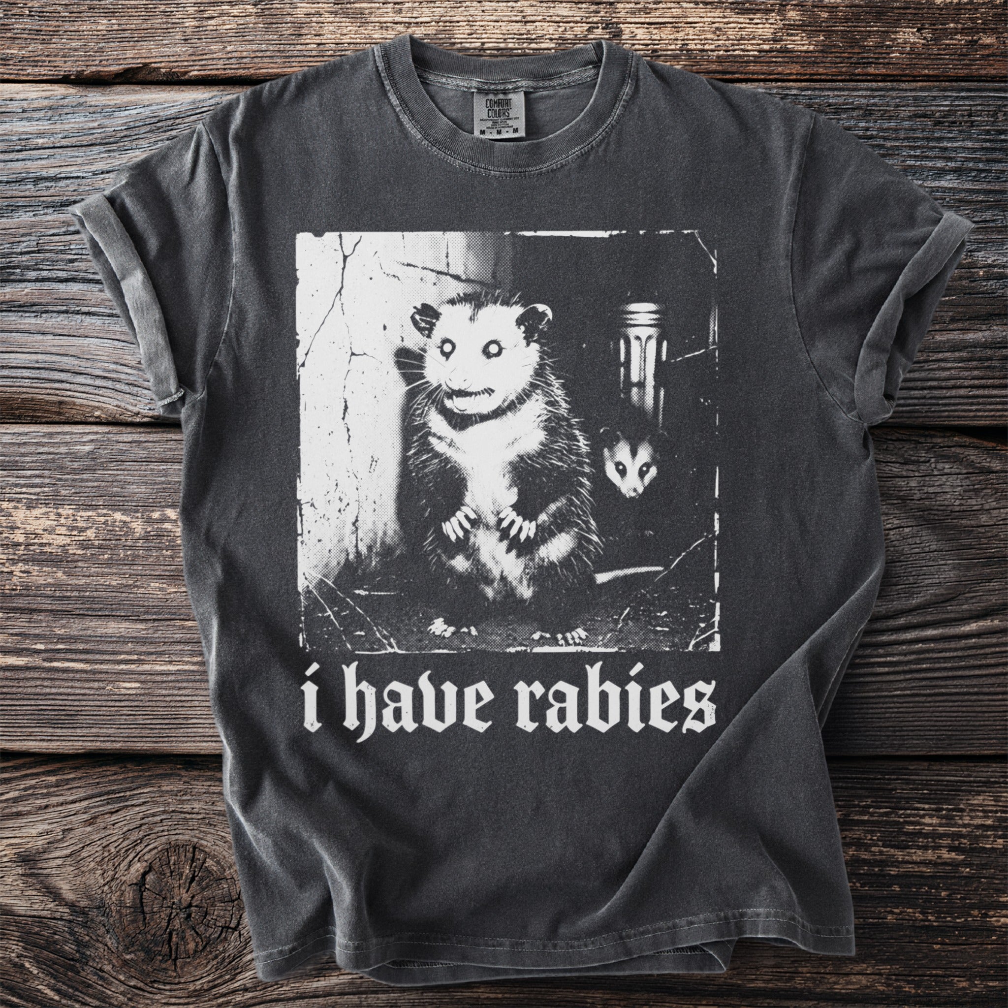 Dark gray t-shirt with opossums and "i have rabies" text.