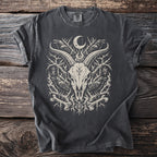 Dark grey t-shirt featuring a white graphic of a goat skull with ravens, bones, and runes.