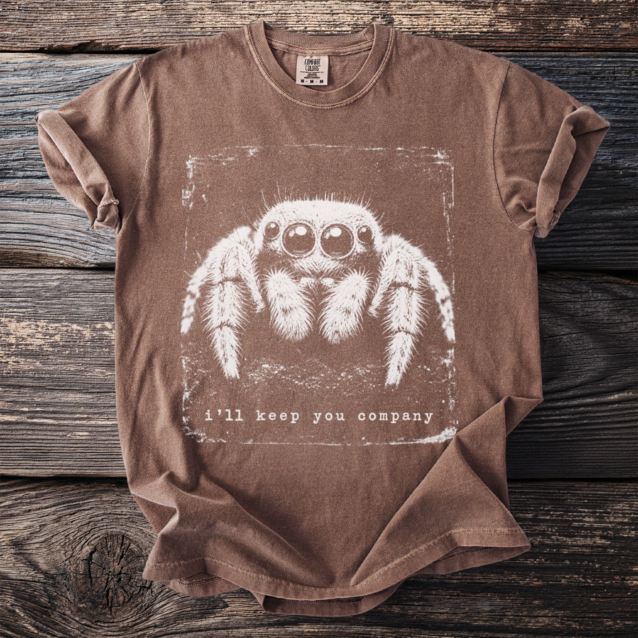 Brown t-shirt with a white graphic of a jumping spider and "i'll keep you company" text.