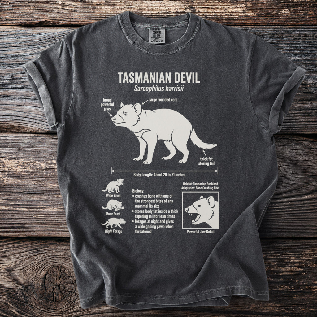 Tasmanian Devil T-shirt graphic with scientific details and illustrations.