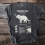 Tasmanian Devil T-shirt graphic with scientific details and illustrations.
