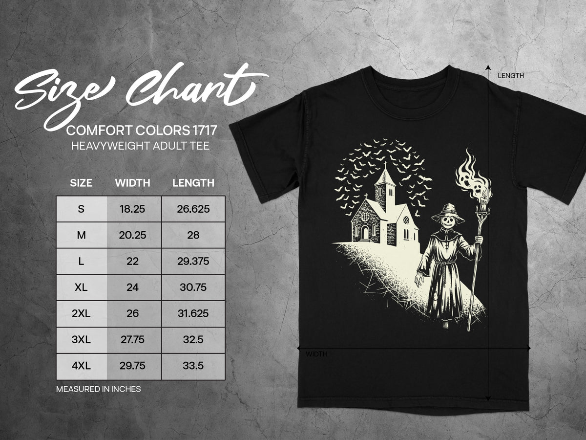 Comfort Colors 1717 heavyweight adult tee size chart with width and length measurements in inches.