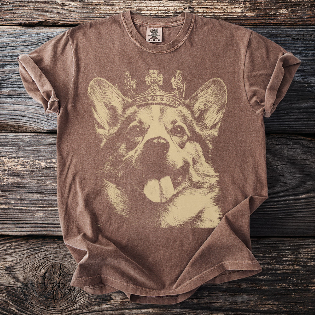 Brown t-shirt with king corgi graphic and "COMFORT COLORS" label visible.