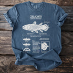Blue t-shirt with white Coelacanth illustration and educational text.