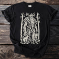 Black t-shirt with a cream linework design of a forest spirit with animals and plants.