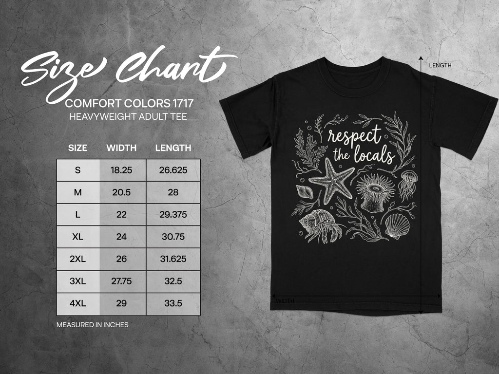 Comfort Colors 1717 heavyweight adult tee size chart with width and length measurements in inches.