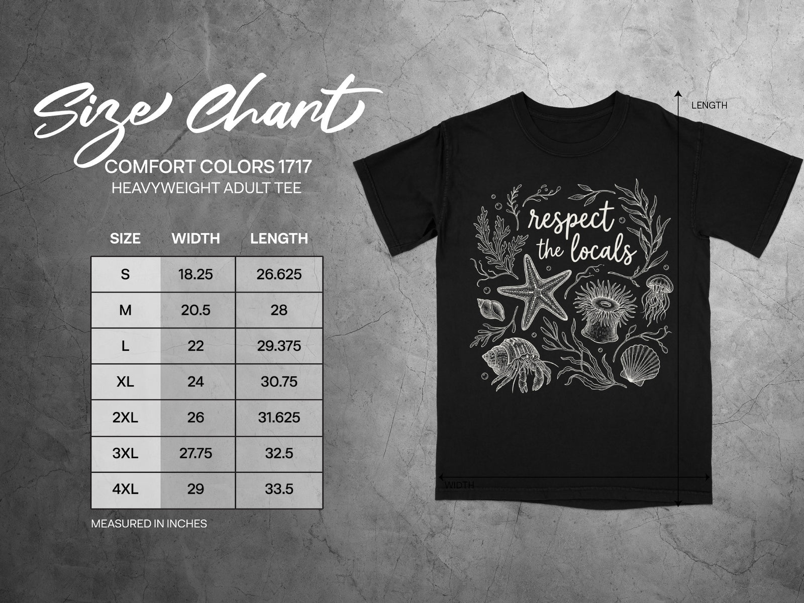 Comfort Colors 1717 heavyweight adult tee size chart with width and length measurements in inches.