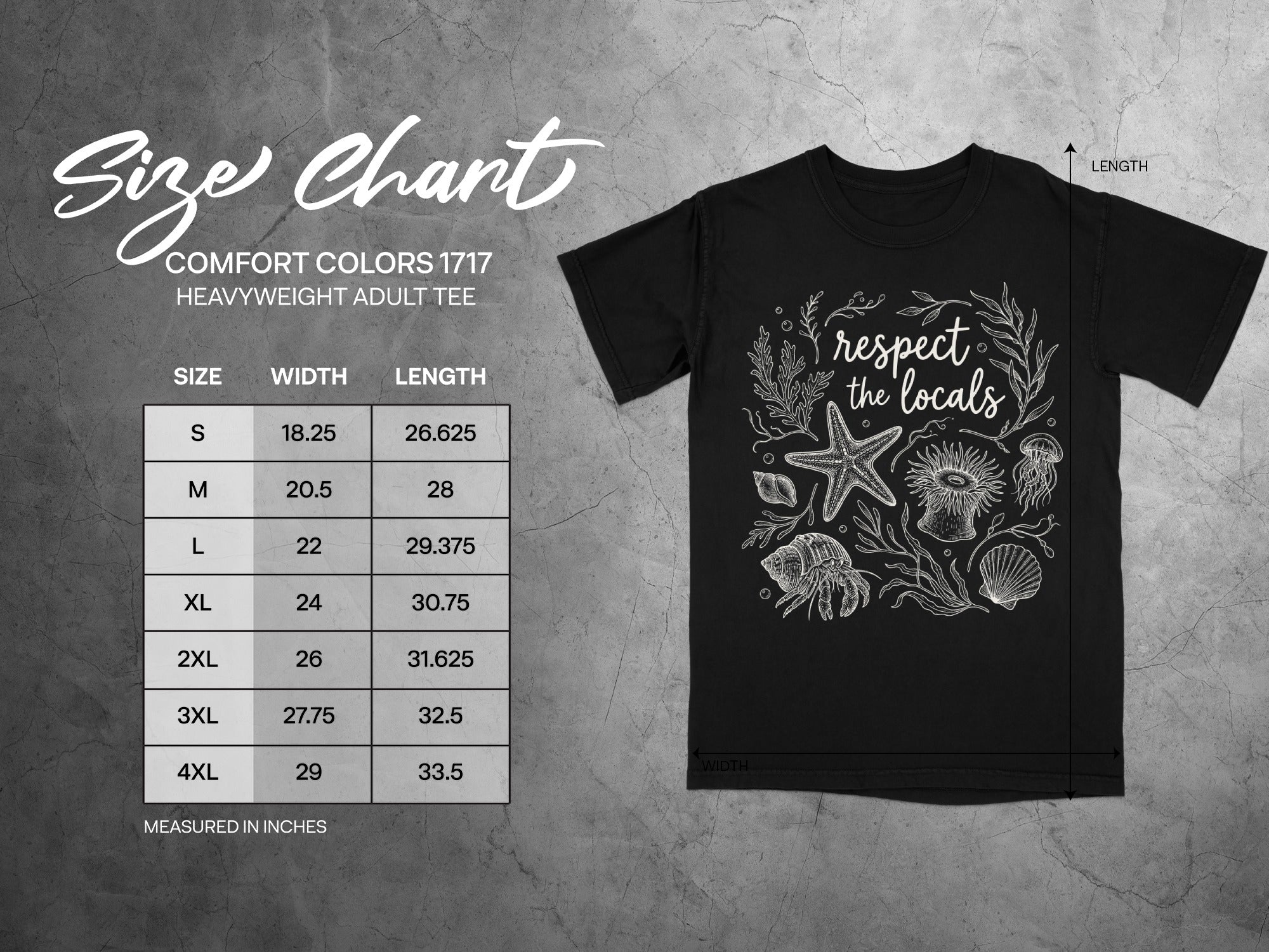 Comfort Colors 1717 heavyweight adult tee size chart with width and length measurements in inches.